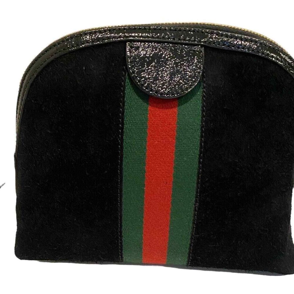 Gucci Ophidia Small Dome Black Suede Crossbody Bag GG Stripe Gold Hardware - Picture 6 of 15